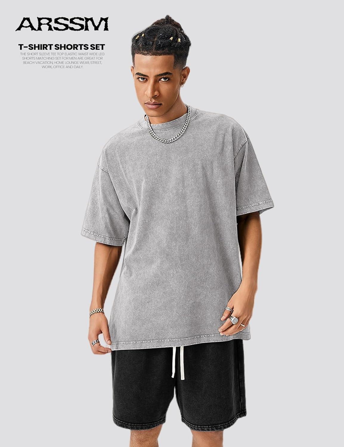 image:imageArssm Mens Short Sets Outfits 2 Piece Summer Outfits Oversized TShirt Shorts Set Acid Wash Short Sleeve TracksuitGreyblack