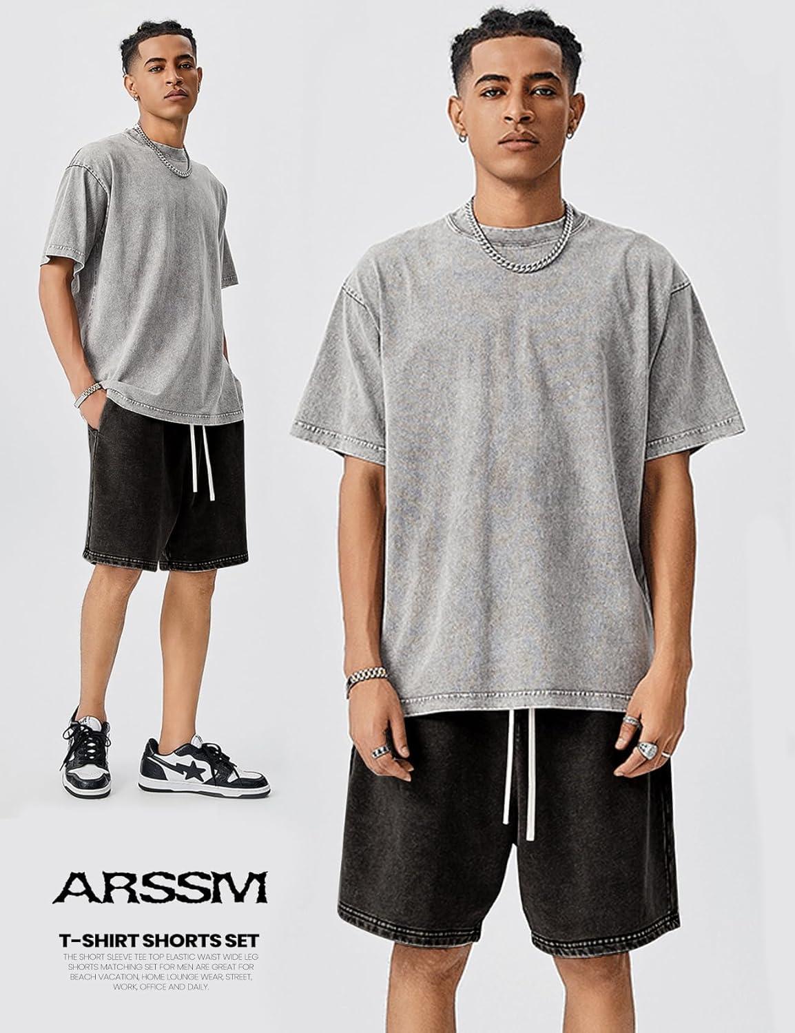 image:imageArssm Mens Short Sets Outfits 2 Piece Summer Outfits Oversized TShirt Shorts Set Acid Wash Short Sleeve TracksuitGreyblack