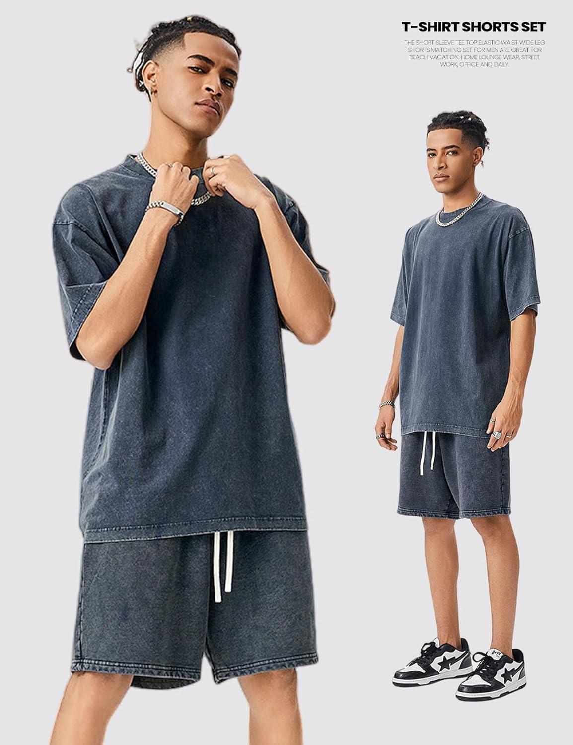 image:imageArssm Mens Short Sets Outfits 2 Piece Summer Outfits Oversized TShirt Shorts Set Acid Wash Short Sleeve TracksuitNavy