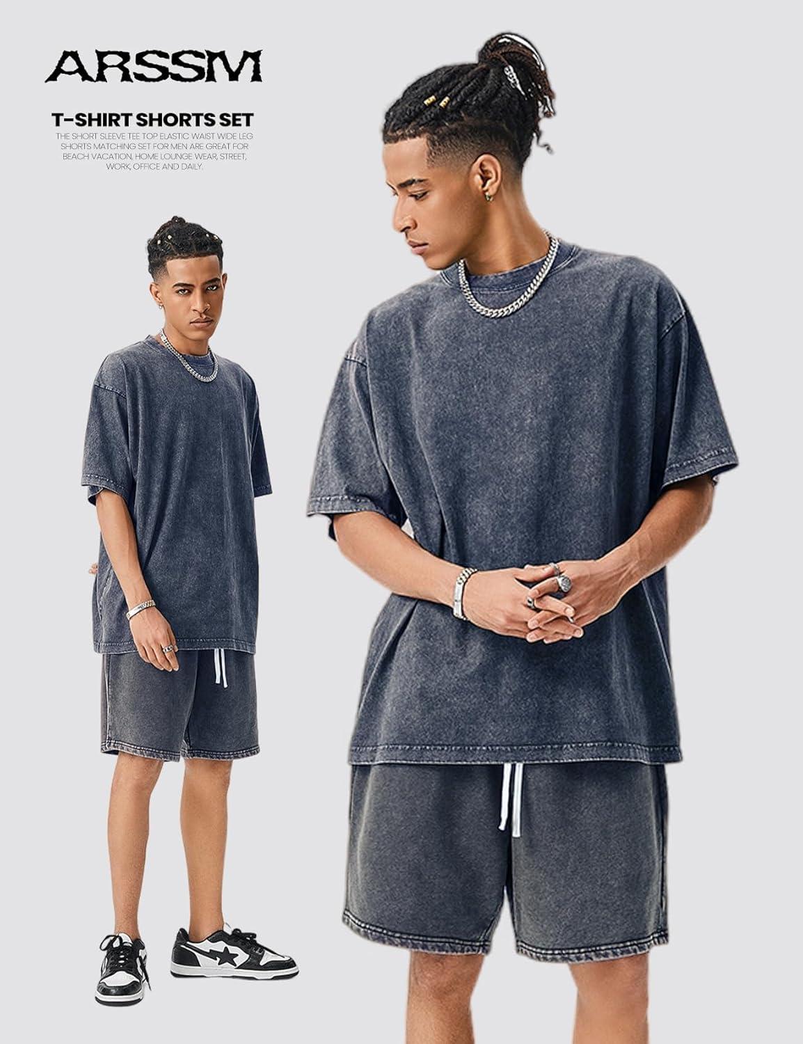 image:imageArssm Mens Short Sets Outfits 2 Piece Summer Outfits Oversized TShirt Shorts Set Acid Wash Short Sleeve TracksuitNavy