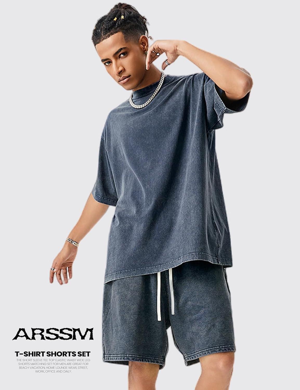 image:imageArssm Mens Short Sets Outfits 2 Piece Summer Outfits Oversized TShirt Shorts Set Acid Wash Short Sleeve TracksuitNavy