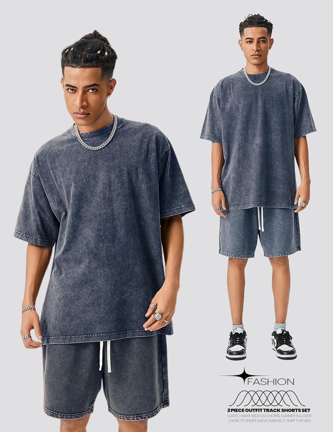 image:imageArssm Mens Short Sets Outfits 2 Piece Summer Outfits Oversized TShirt Shorts Set Acid Wash Short Sleeve TracksuitNavy