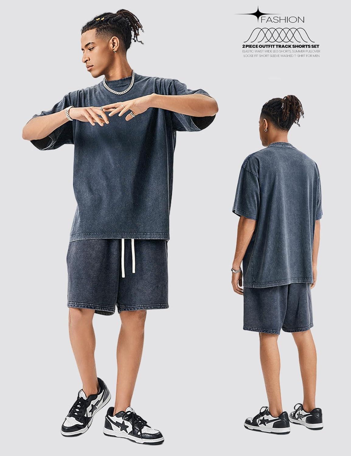image:imageArssm Mens Short Sets Outfits 2 Piece Summer Outfits Oversized TShirt Shorts Set Acid Wash Short Sleeve TracksuitNavy