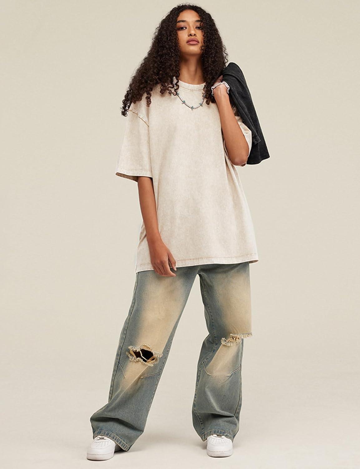 image:imageArssm Women Oversized T Shirts Acid Washed Cotton Tees Vintage Baggy Loose Fit Streetwear Workout TopsBeige