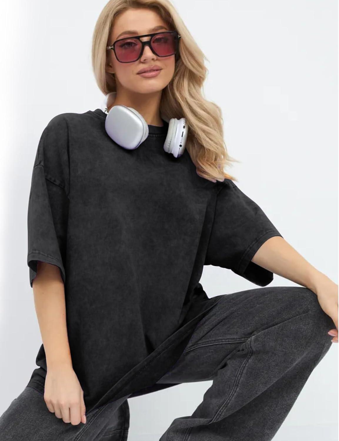 image:imageArssm Women Oversized T Shirts Acid Washed Cotton Tees Vintage Baggy Loose Fit Streetwear Workout TopsBlackgreykhaki
