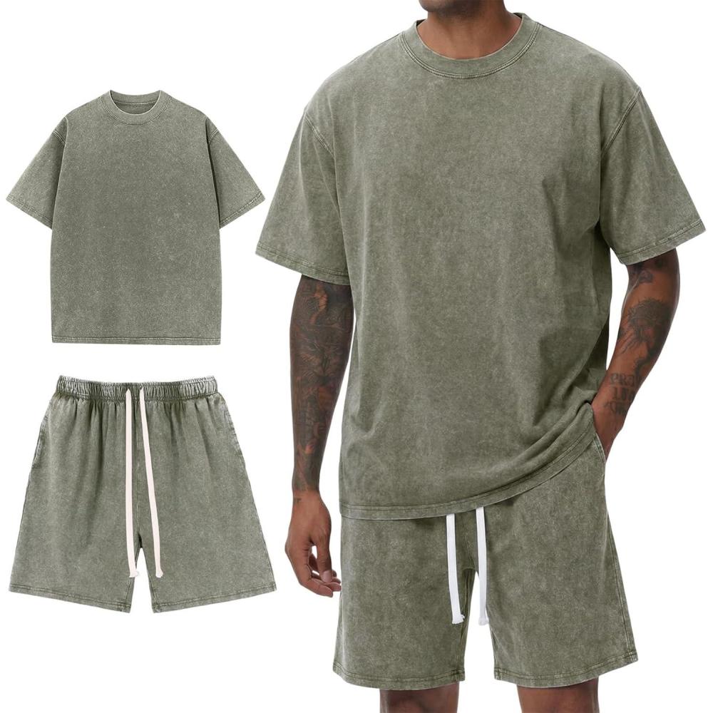 image:imageArssm Mens Short Sets Outfits 2 Piece Summer Outfits Oversized TShirt Shorts Set Acid Wash Short Sleeve TracksuitArmy
