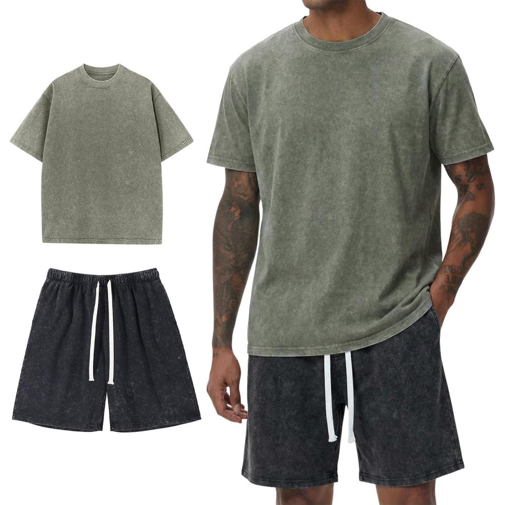 image:imageArssm Mens Short Sets Outfits 2 Piece Summer Outfits Oversized TShirt Shorts Set Acid Wash Short Sleeve TracksuitArmyblack