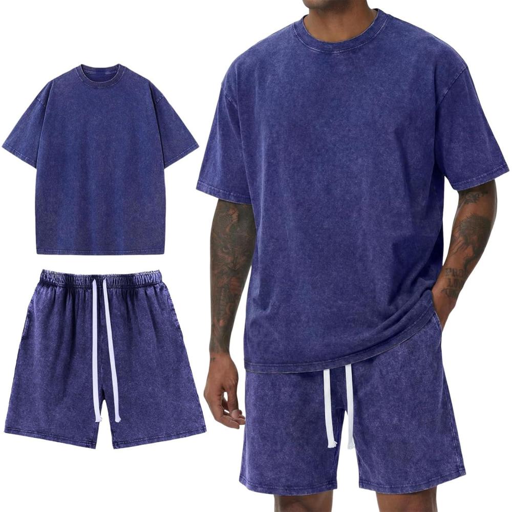 image:imageArssm Mens Short Sets Outfits 2 Piece Summer Outfits Oversized TShirt Shorts Set Acid Wash Short Sleeve TracksuitBlue