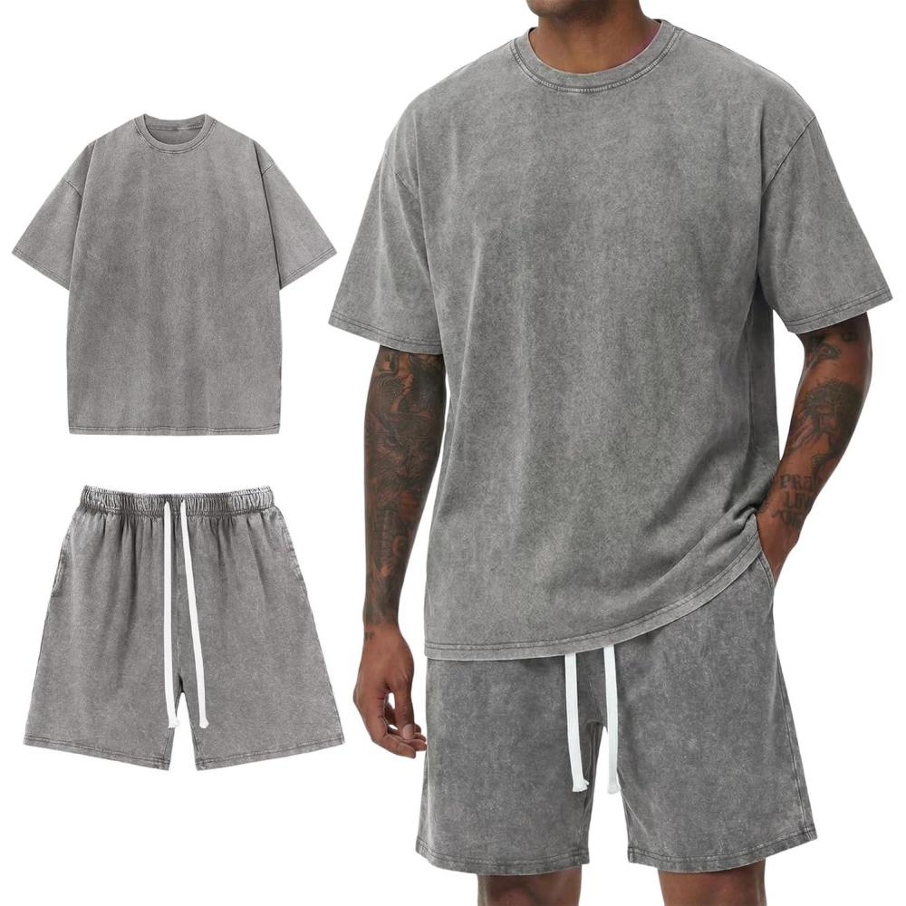 image:imageArssm Mens Short Sets Outfits 2 Piece Summer Outfits Oversized TShirt Shorts Set Acid Wash Short Sleeve TracksuitGrey