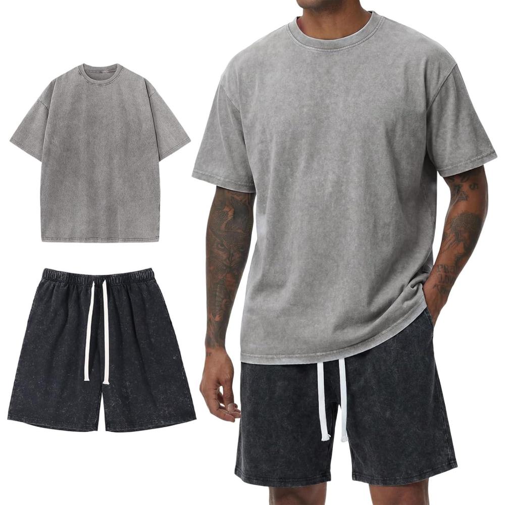 image:imageArssm Mens Short Sets Outfits 2 Piece Summer Outfits Oversized TShirt Shorts Set Acid Wash Short Sleeve TracksuitGreyblack