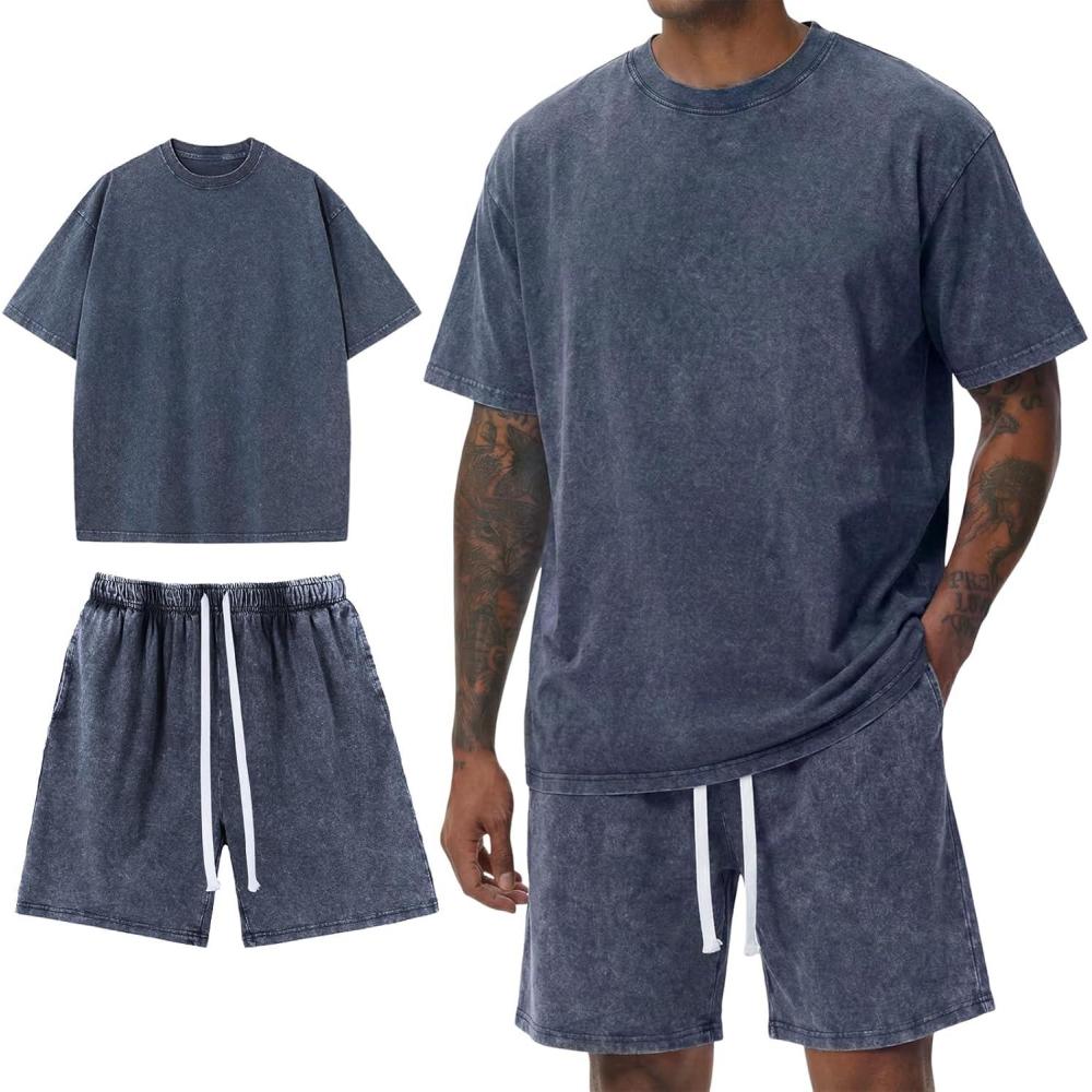 image:imageArssm Mens Short Sets Outfits 2 Piece Summer Outfits Oversized TShirt Shorts Set Acid Wash Short Sleeve TracksuitNavy