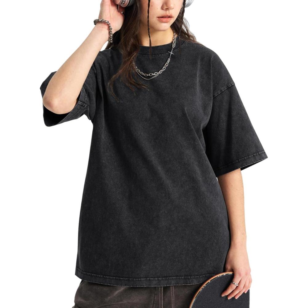 image:imageArssm Women Oversized T Shirts Acid Washed Cotton Tees Vintage Baggy Loose Fit Streetwear Workout TopsBlack
