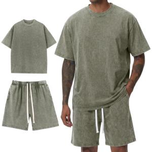 Arssm Mens Short Sets Outfits 2 Piece Summer Outfits Oversized T-Shirt Shorts Set Acid Wash Short Sleeve Tracksuit(Army)