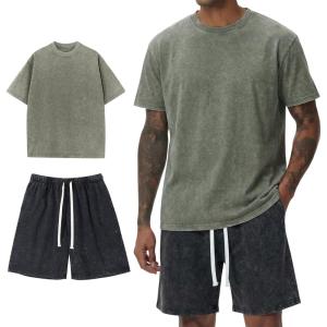 Arssm Mens Short Sets Outfits 2 Piece Summer Outfits Oversized T-Shirt Shorts Set Acid Wash Short Sleeve Tracksuit(Armyblack)