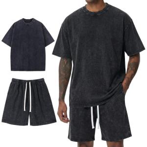 Arssm Mens Short Sets Outfits 2 Piece Summer Outfits Oversized T-Shirt Shorts Set Acid Wash Short Sleeve Tracksuit(Black)