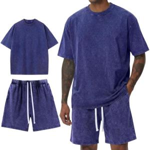 Arssm Mens Short Sets Outfits 2 Piece Summer Outfits Oversized T-Shirt Shorts Set Acid Wash Short Sleeve Tracksuit(Blue)
