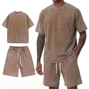 Arssm Mens Short Sets Outfits 2 Piece Summer Outfits Oversized T-Shirt Shorts Set Acid Wash Short Sleeve Tracksuit(Brown)