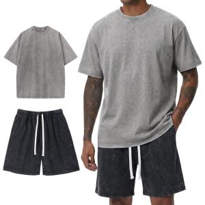 Arssm Mens Short Sets Outfits 2 Piece Summer Outfits Oversized T-Shirt Shorts Set Acid Wash Short Sleeve Tracksuit(Greyblack)