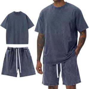 Arssm Mens Short Sets Outfits 2 Piece Summer Outfits Oversized T-Shirt Shorts Set Acid Wash Short Sleeve Tracksuit(Navy)