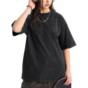 Arssm Women Oversized T Shirts Acid Washed Cotton Tees Vintage Baggy Loose Fit Streetwear Workout Tops(Black)