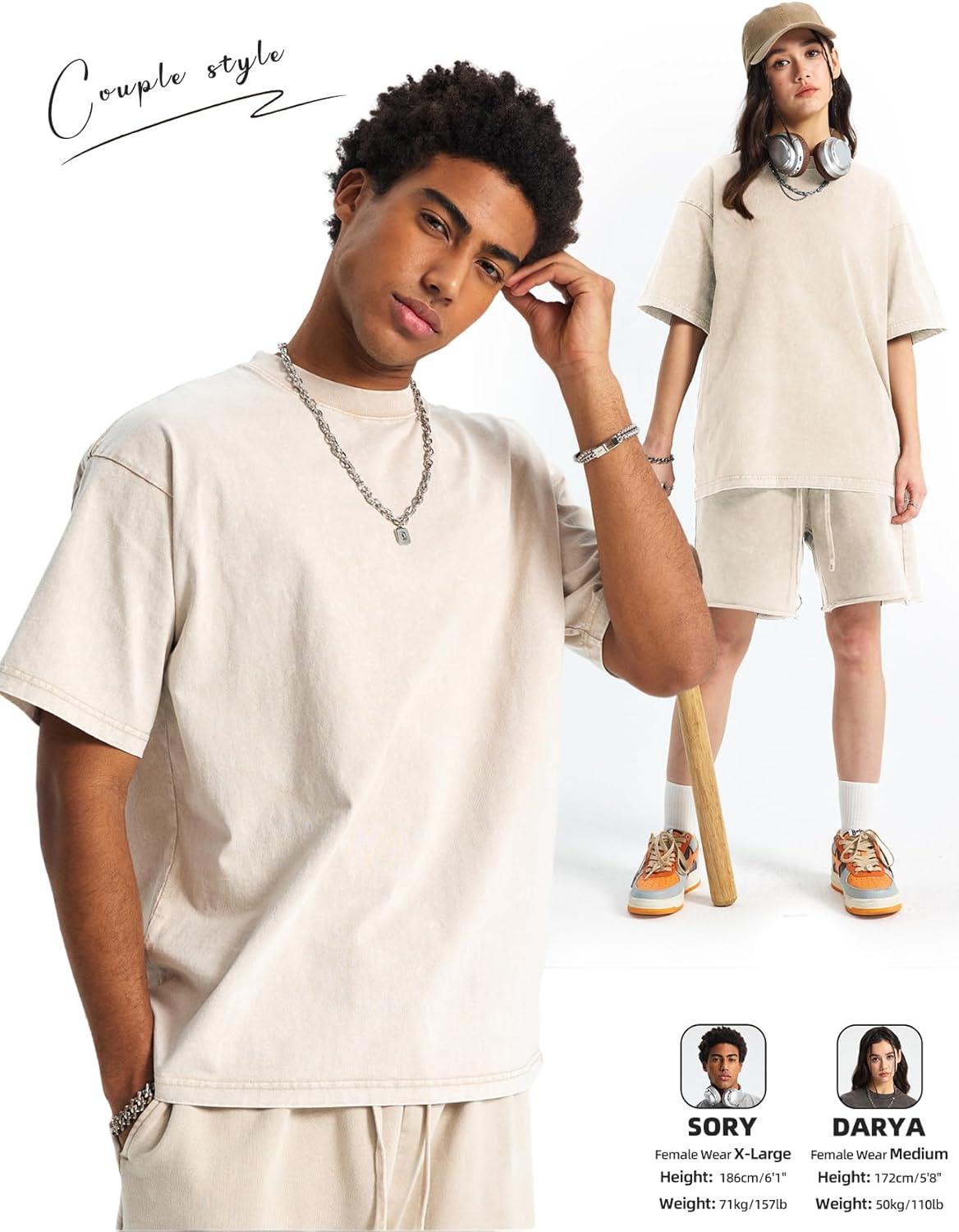 image:imageArssm Mens Oversized T Shirts Cotton Acid Wash Baggy Tees Loose Fit Vintage Heavyweight TShirtsBeige