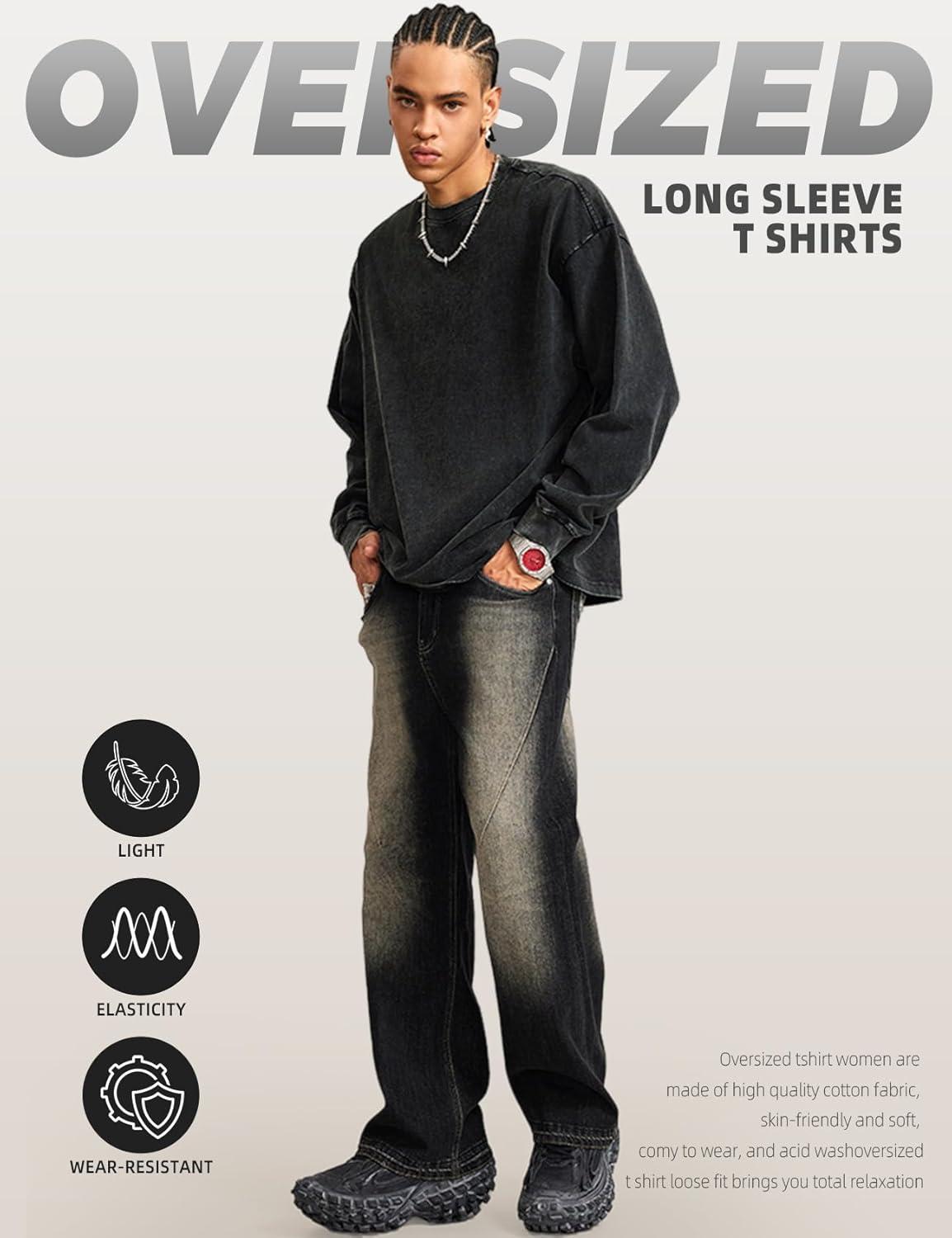 image:imageArssm Mens Oversized TShirts Cotton Long Sleeve Tshirts Vintage Acid Wash Baggy TeesBlack