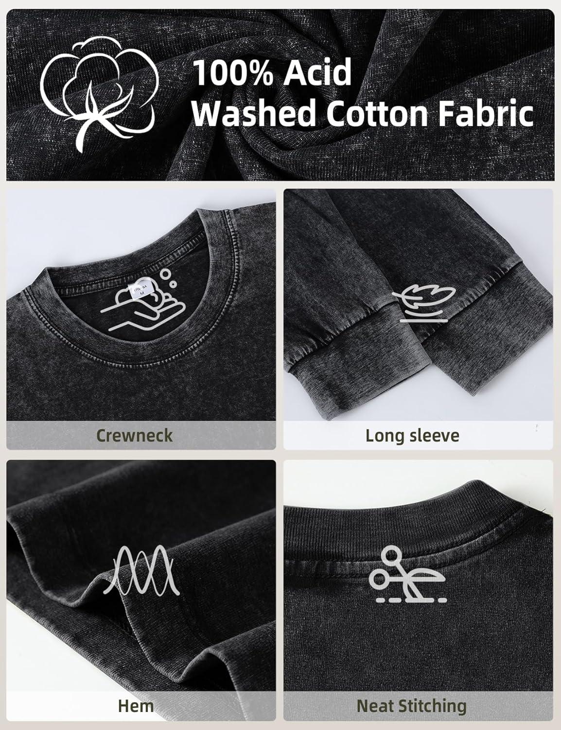 image:imageArssm Mens Oversized TShirts Cotton Long Sleeve Tshirts Vintage Acid Wash Baggy TeesBlack