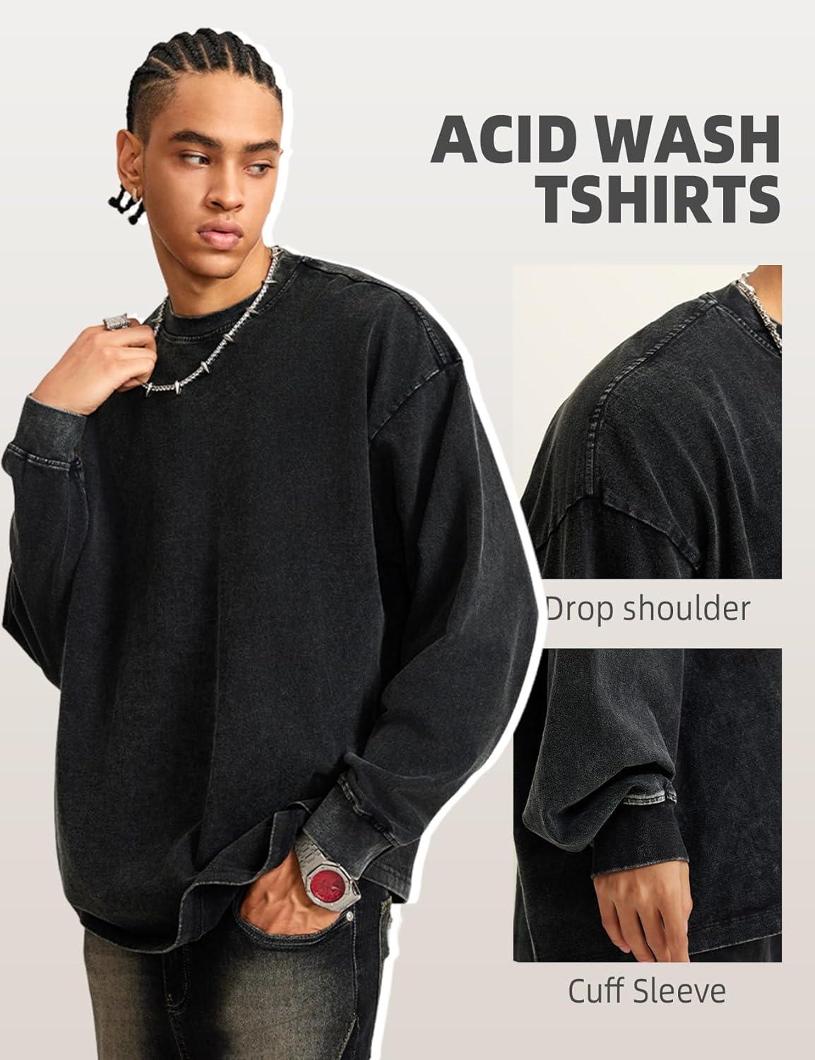 image:imageArssm Mens Oversized TShirts Cotton Long Sleeve Tshirts Vintage Acid Wash Baggy TeesBlack