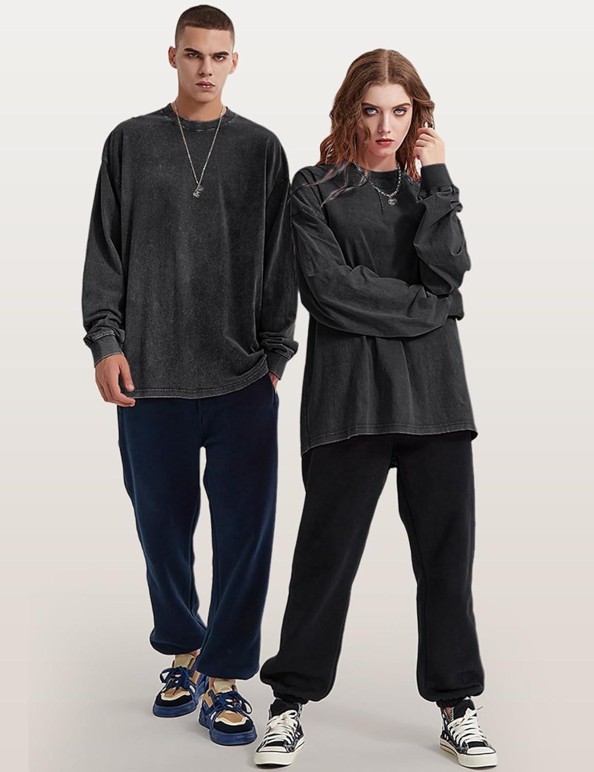 image:imageArssm Mens Oversized TShirts Cotton Long Sleeve Tshirts Vintage Acid Wash Baggy TeesBlack