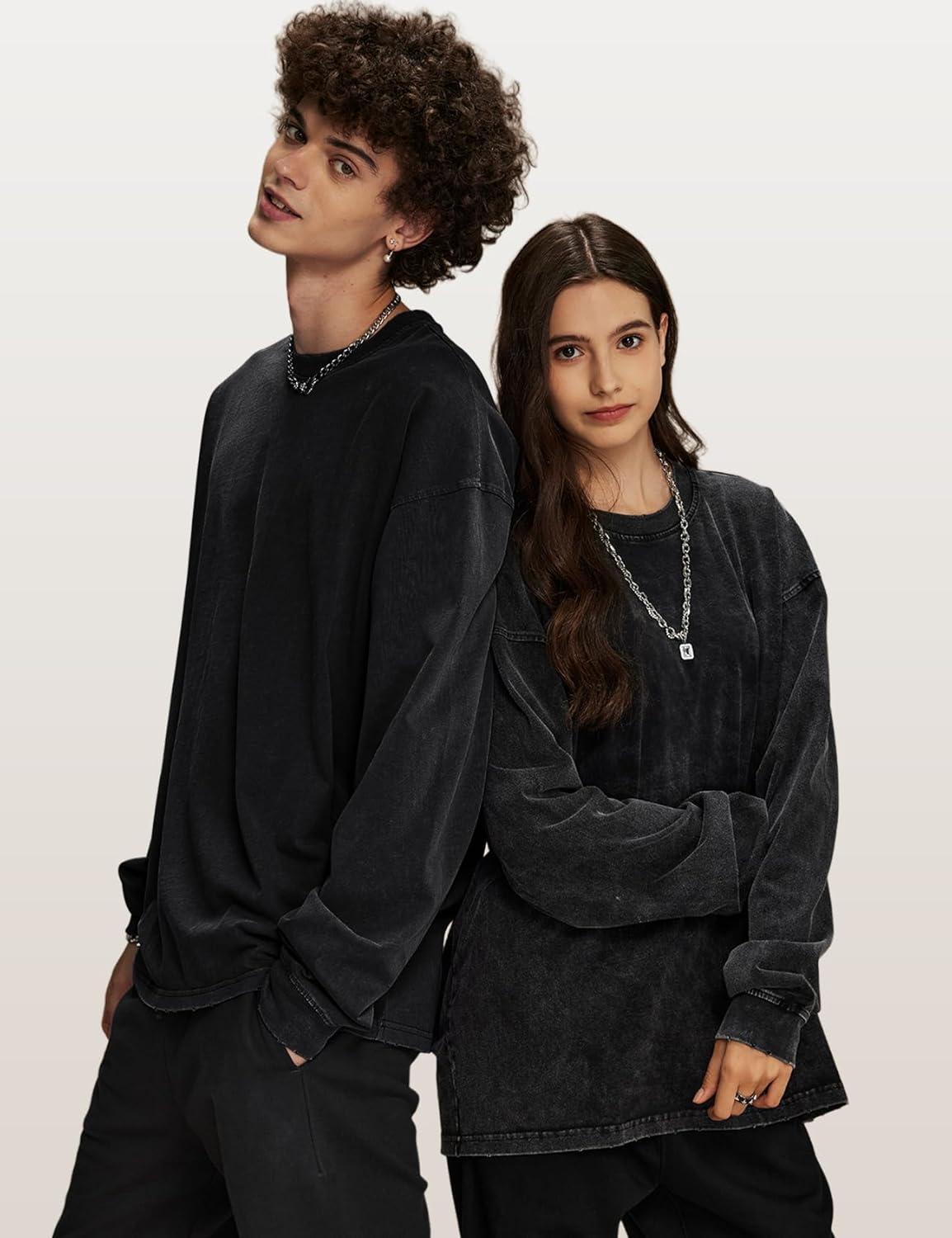image:imageArssm Mens Oversized TShirts Cotton Long Sleeve Tshirts Vintage Acid Wash Baggy TeesBlack