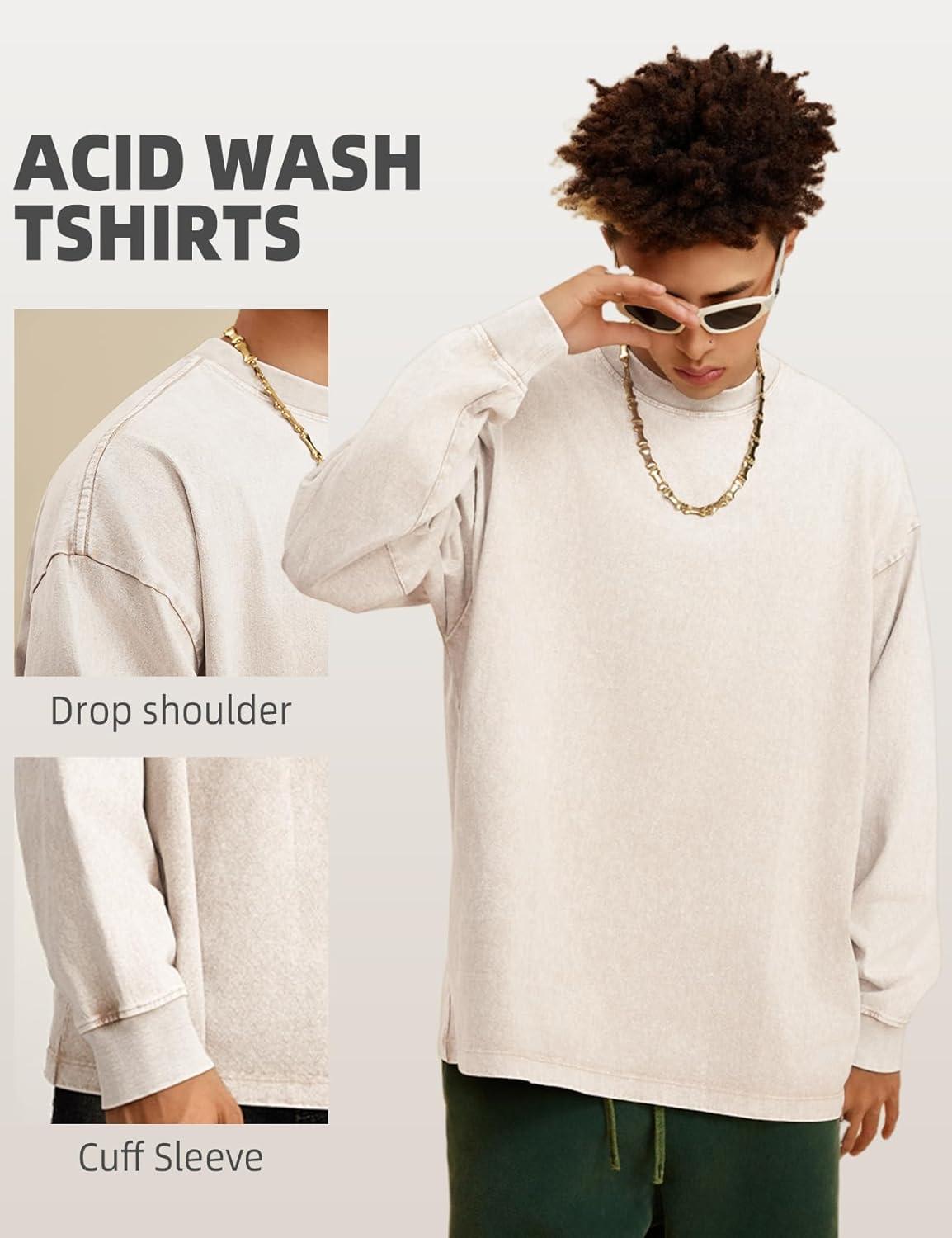image:imageArssm Mens Oversized TShirts Cotton Long Sleeve Tshirts Vintage Acid Wash Baggy TeesBlackbeigearmy