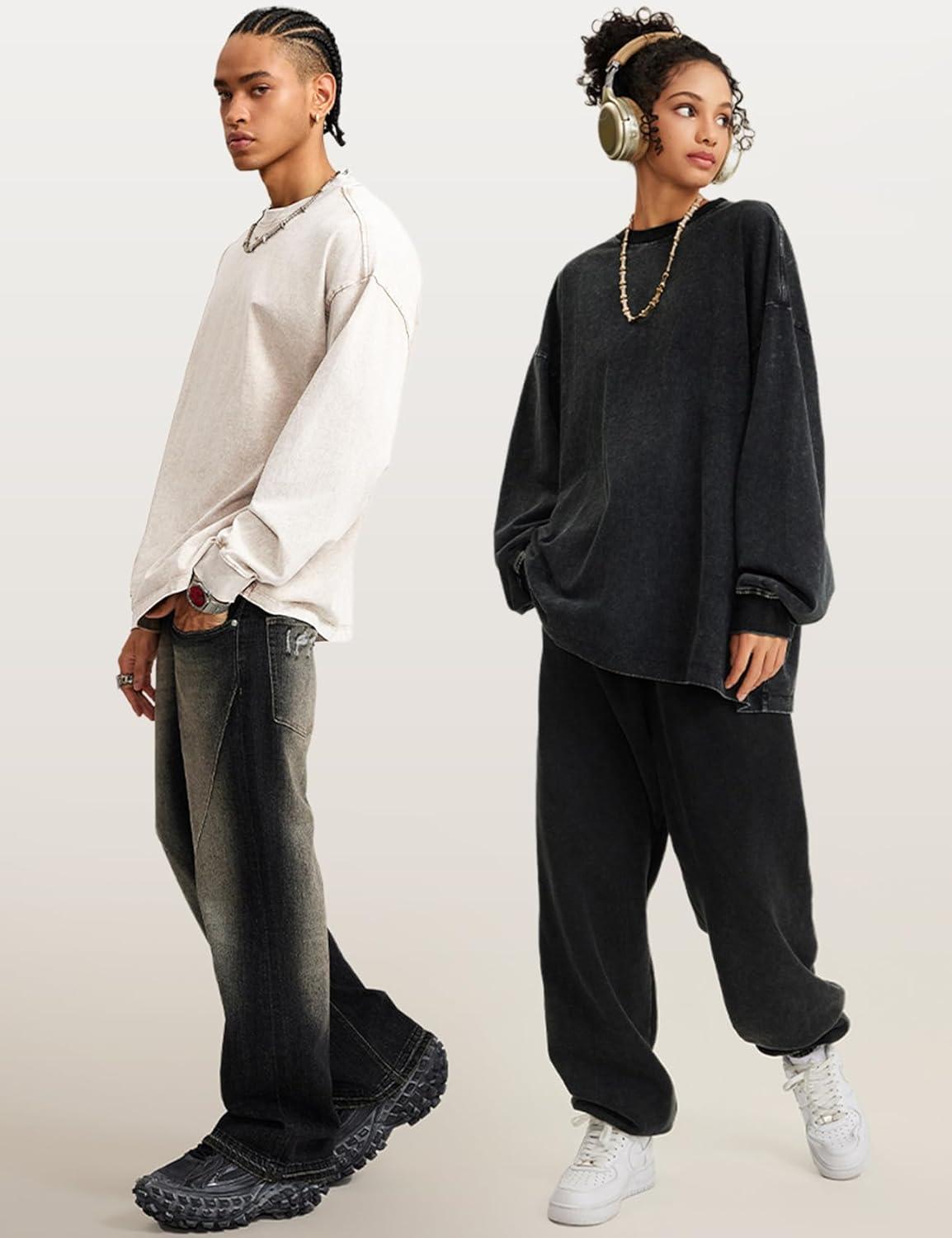 image:imageArssm Mens Oversized TShirts Cotton Long Sleeve Tshirts Vintage Acid Wash Baggy TeesBlackbeigearmy