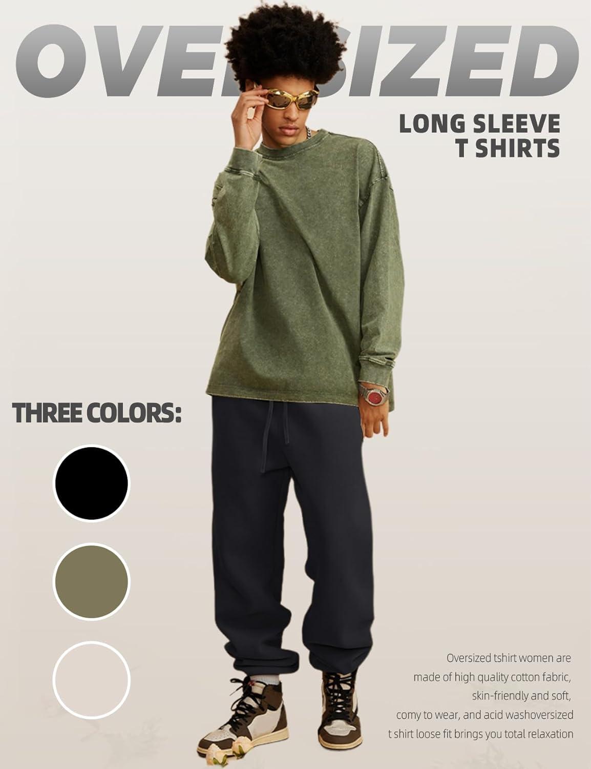 image:imageArssm Mens Oversized TShirts Cotton Long Sleeve Tshirts Vintage Acid Wash Baggy TeesBlackbeigearmy