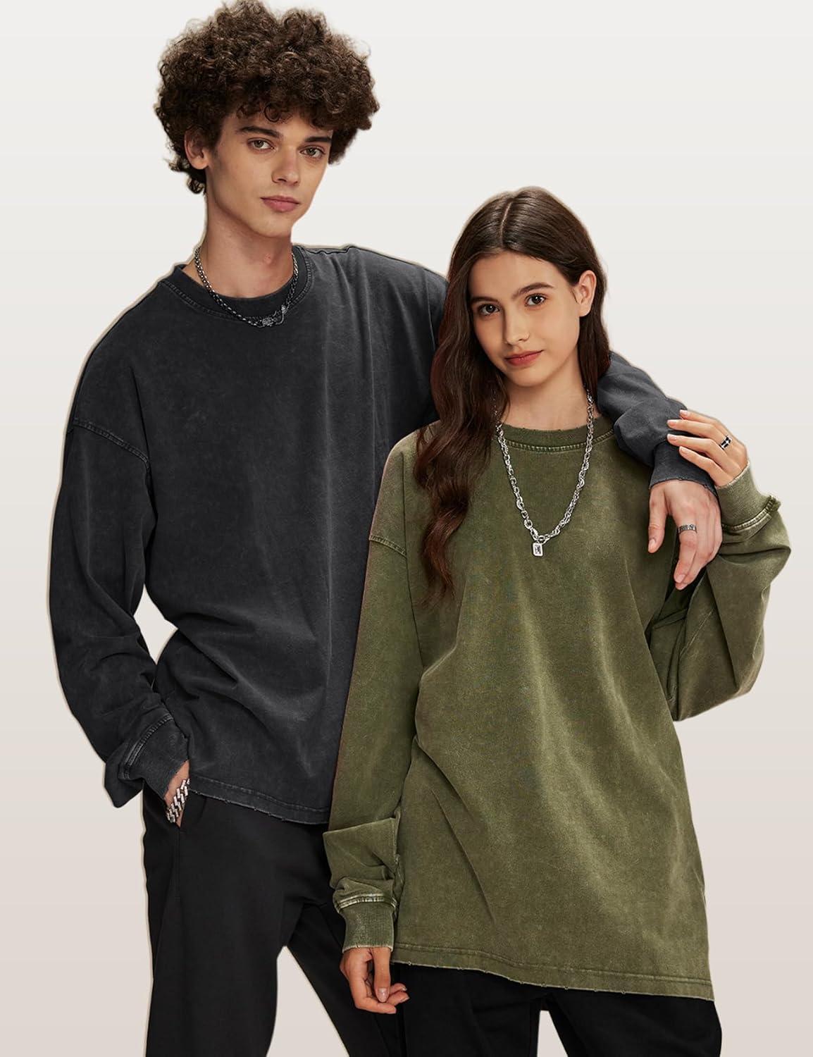 image:imageArssm Mens Oversized TShirts Cotton Long Sleeve Tshirts Vintage Acid Wash Baggy TeesBlackbeigearmy