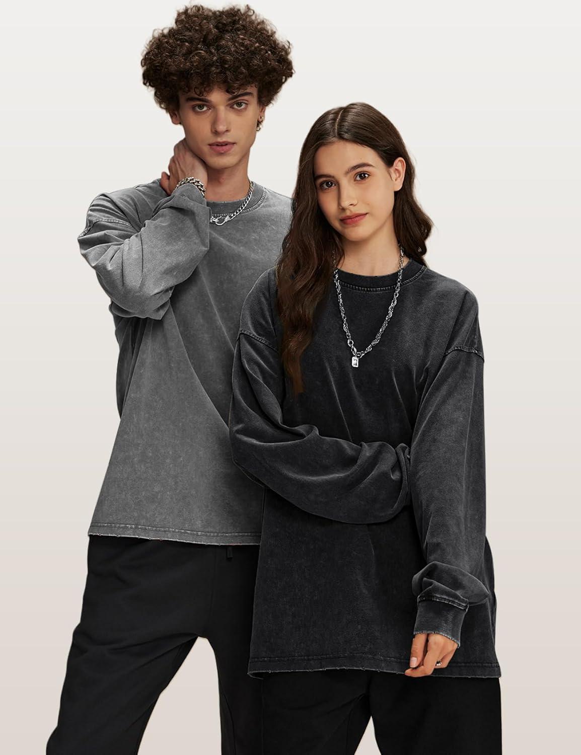 image:imageArssm Mens Oversized TShirts Cotton Long Sleeve Tshirts Vintage Acid Wash Baggy TeesBlackgreyarmy