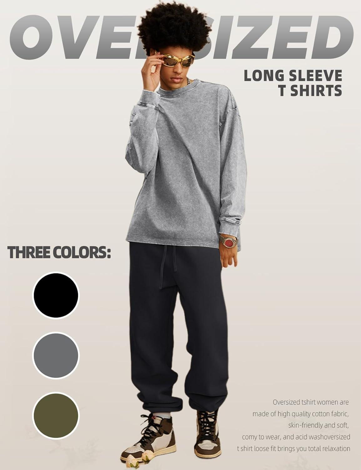 image:imageArssm Mens Oversized TShirts Cotton Long Sleeve Tshirts Vintage Acid Wash Baggy TeesBlackgreyarmy