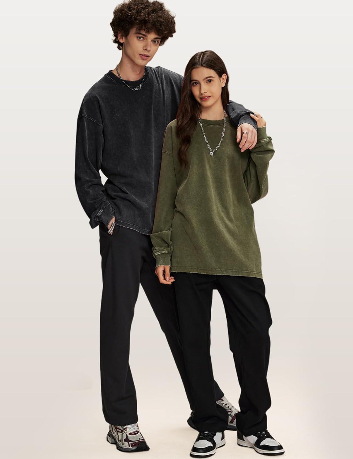 image:imageArssm Mens Oversized TShirts Cotton Long Sleeve Tshirts Vintage Acid Wash Baggy TeesBlackgreyarmy