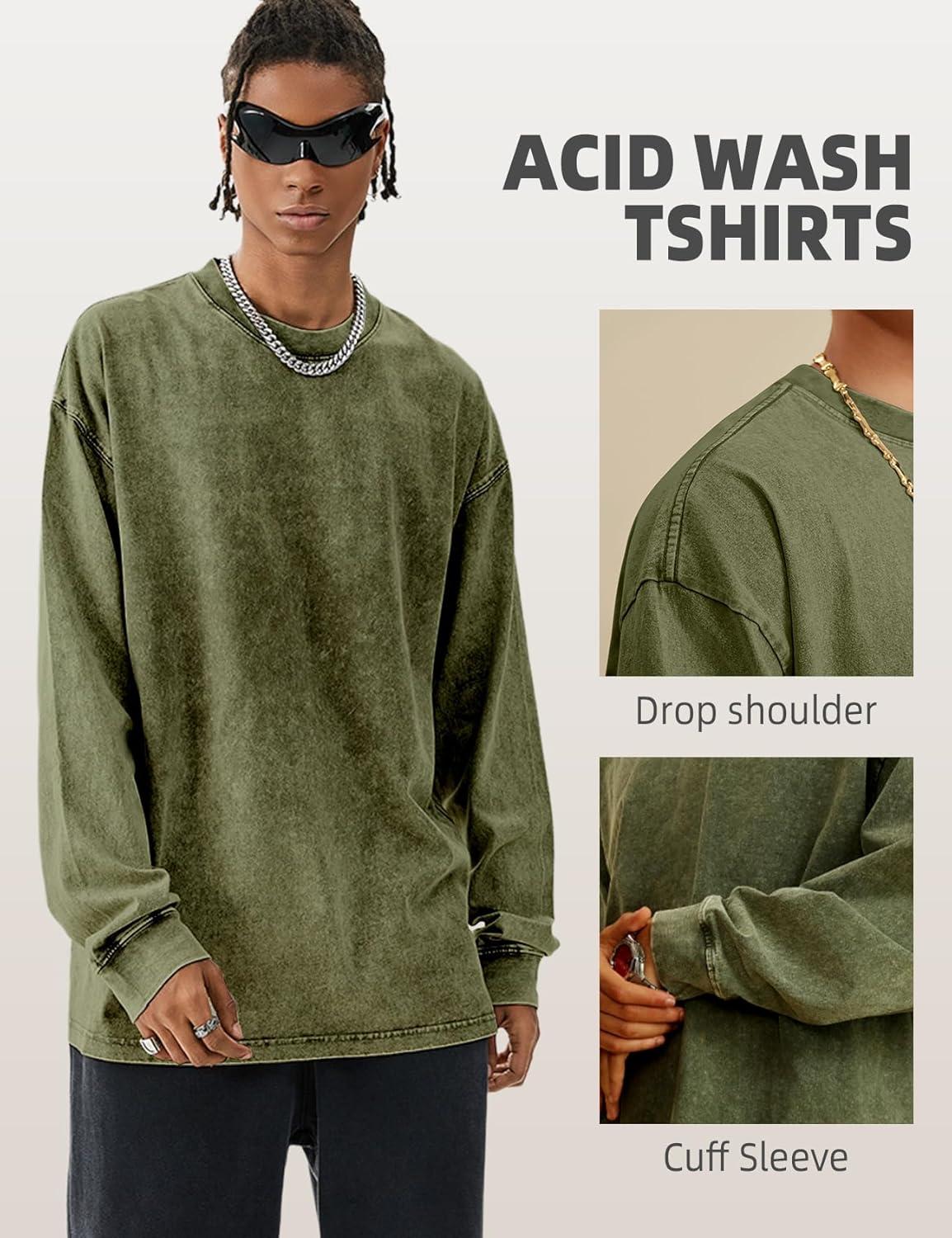 image:imageArssm Mens Oversized TShirts Cotton Long Sleeve Tshirts Vintage Acid Wash Baggy TeesBlackgreyarmy