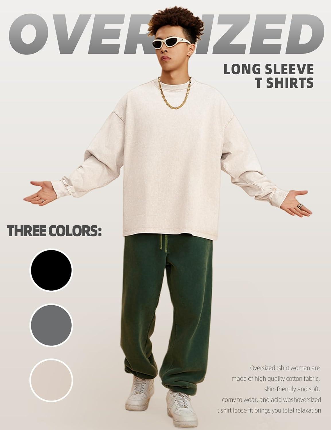 image:imageArssm Mens Oversized TShirts Cotton Long Sleeve Tshirts Vintage Acid Wash Baggy TeesBlackgreybeige
