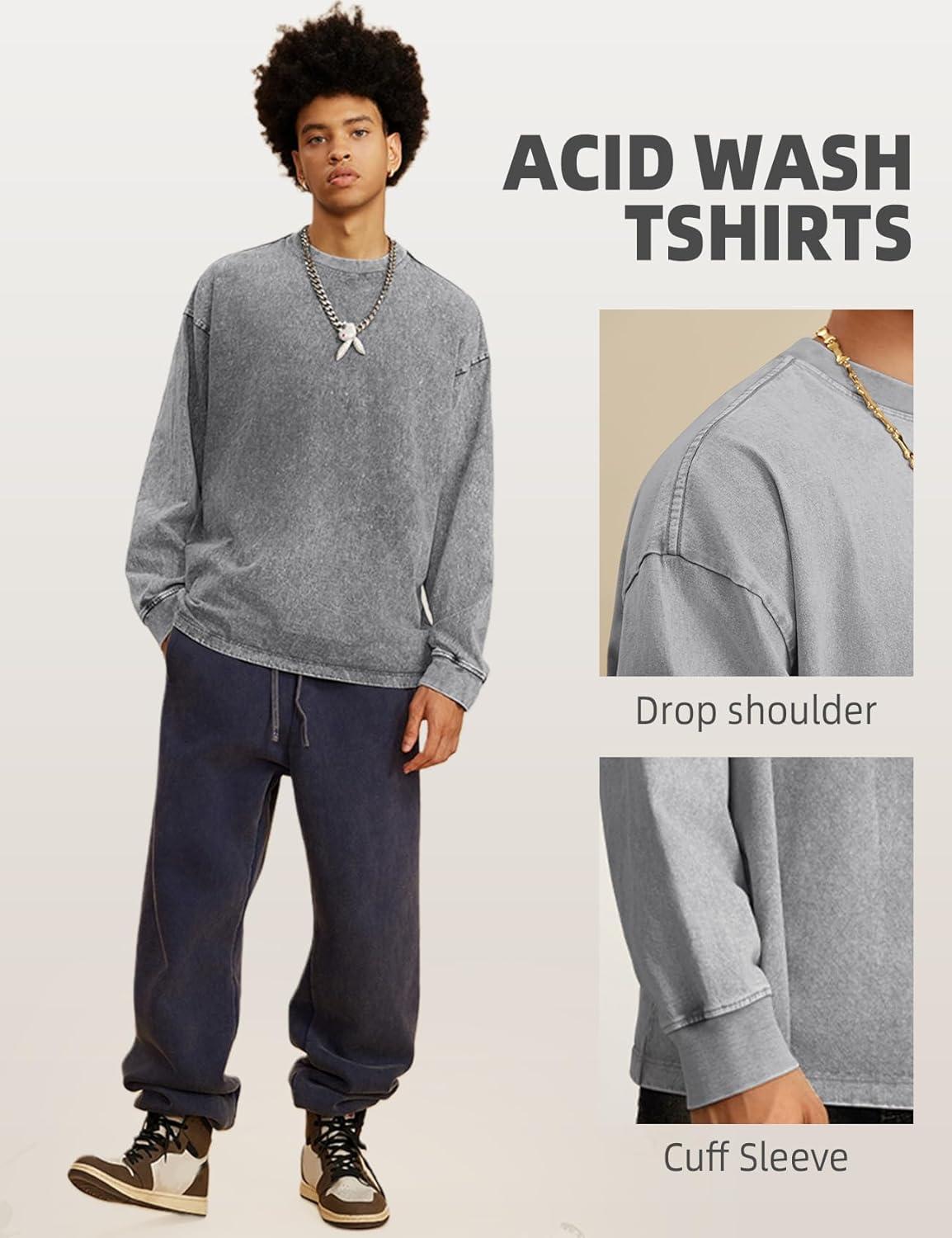 image:imageArssm Mens Oversized TShirts Cotton Long Sleeve Tshirts Vintage Acid Wash Baggy TeesBlackgreybeige
