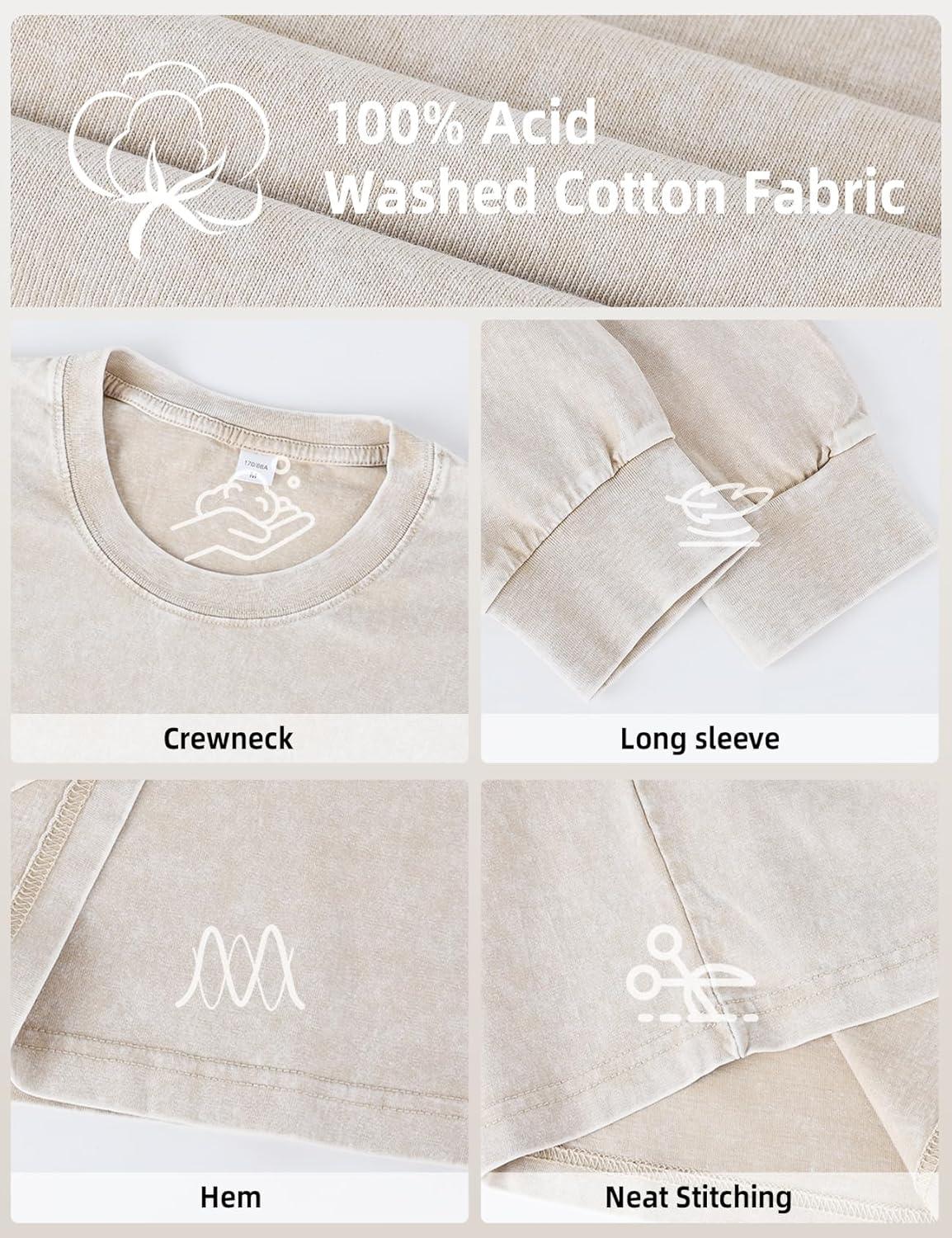 image:imageArssm Mens Oversized TShirts Cotton Long Sleeve Tshirts Vintage Acid Wash Baggy TeesBlackgreybeige
