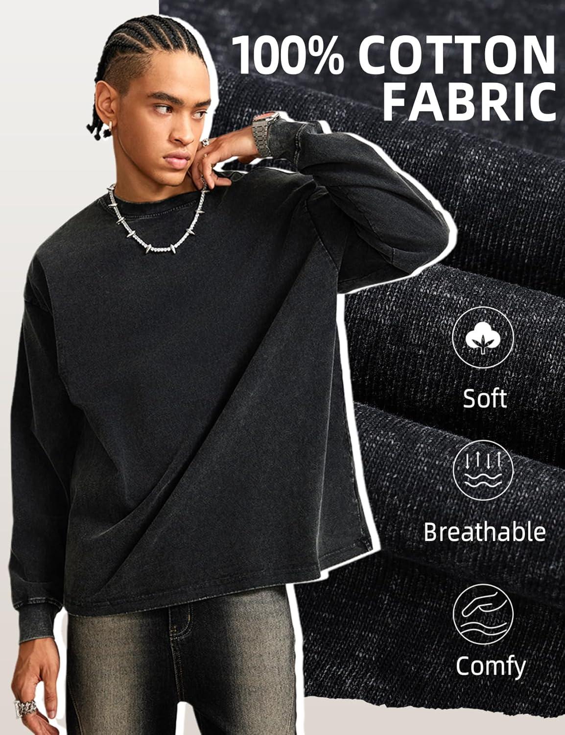 image:imageArssm Mens Oversized TShirts Cotton Long Sleeve Tshirts Vintage Acid Wash Baggy TeesBlackgreybeige