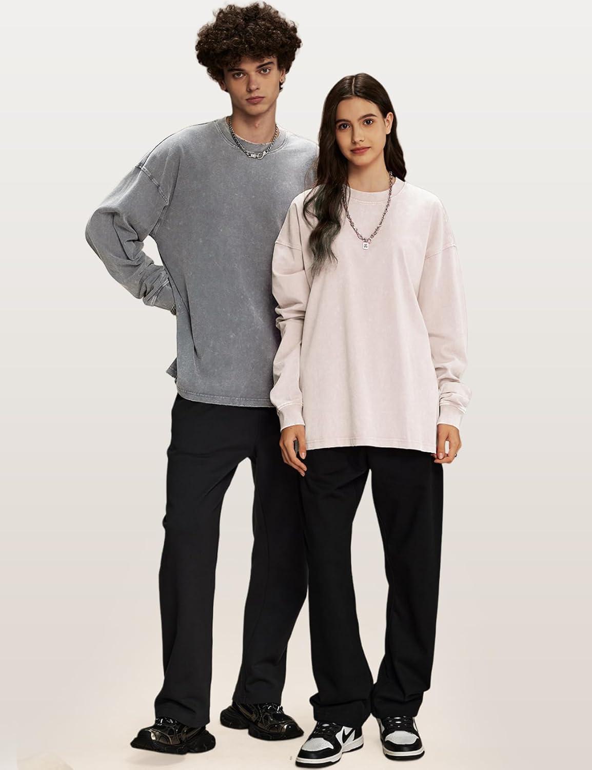 image:imageArssm Mens Oversized TShirts Cotton Long Sleeve Tshirts Vintage Acid Wash Baggy TeesBlackgreybeige