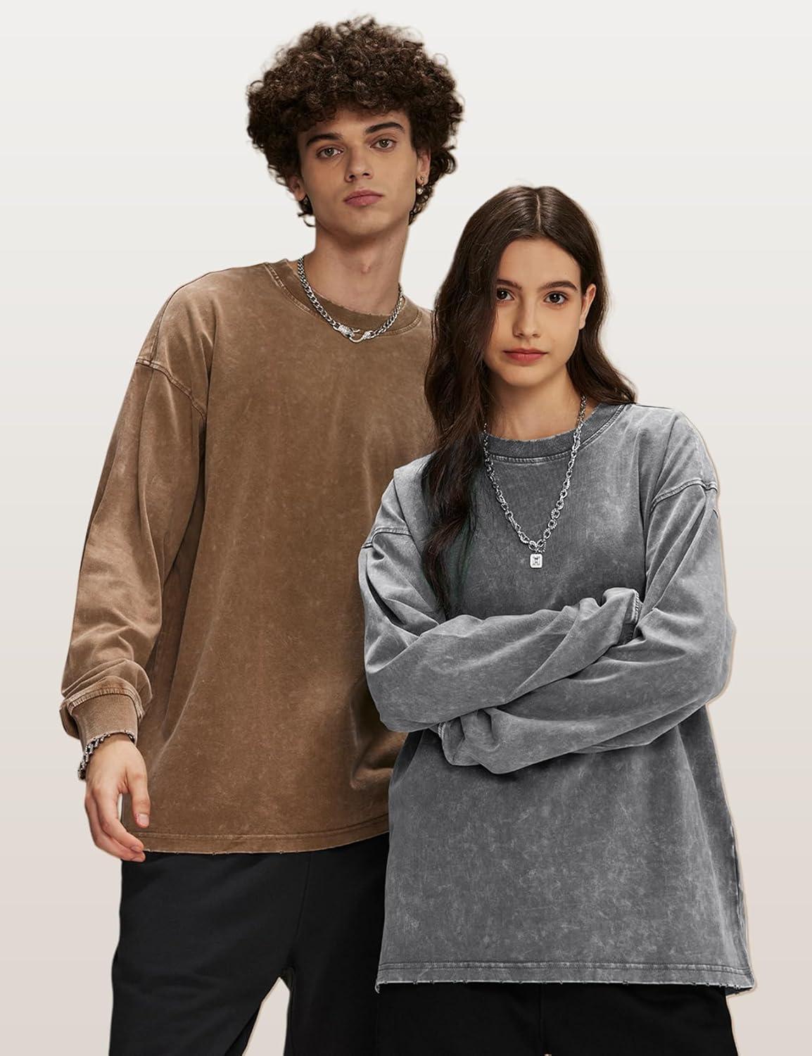 image:imageArssm Mens Oversized TShirts Cotton Long Sleeve Tshirts Vintage Acid Wash Baggy TeesBlackgreykhaki
