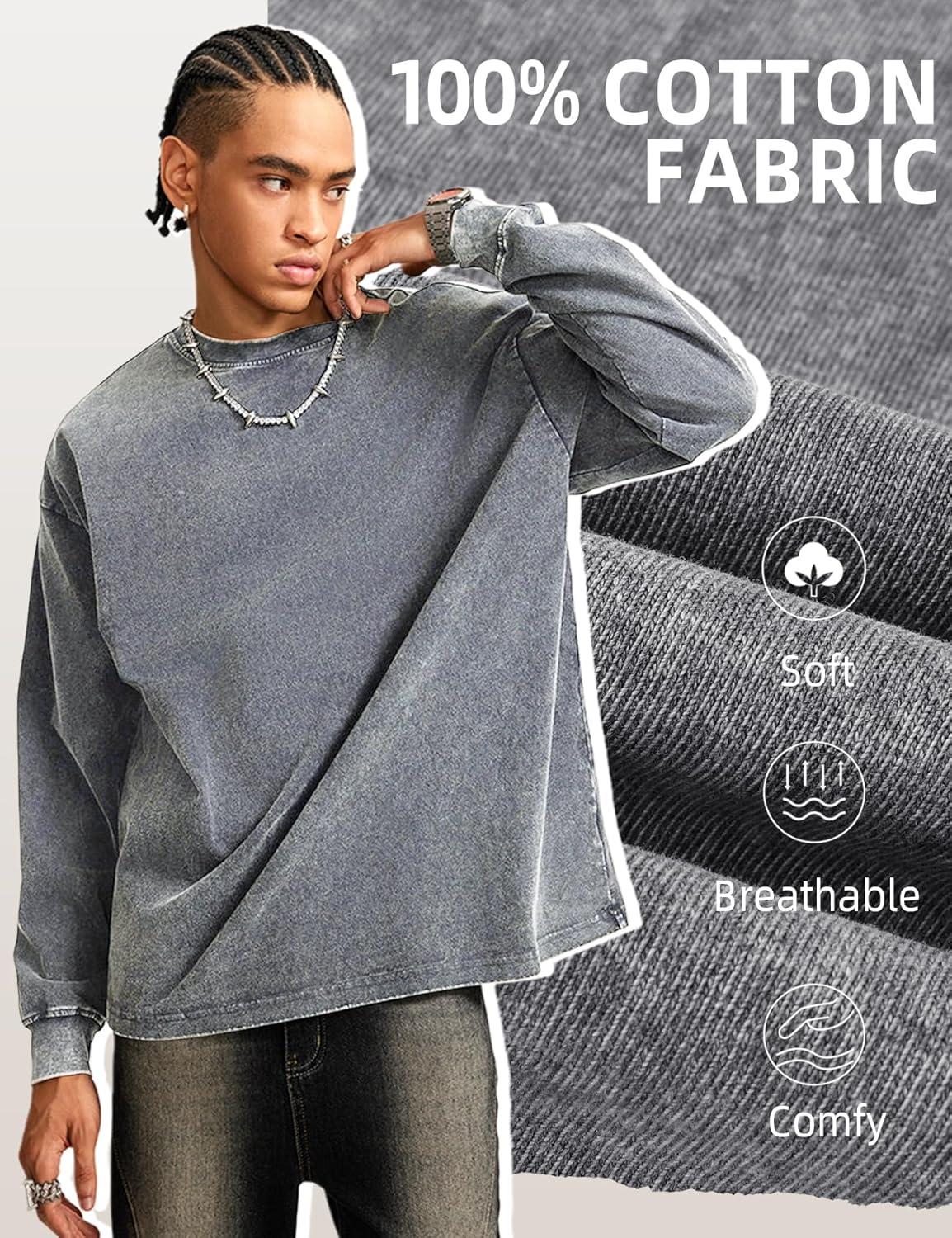 image:imageArssm Mens Oversized TShirts Cotton Long Sleeve Tshirts Vintage Acid Wash Baggy TeesBlackgreykhaki