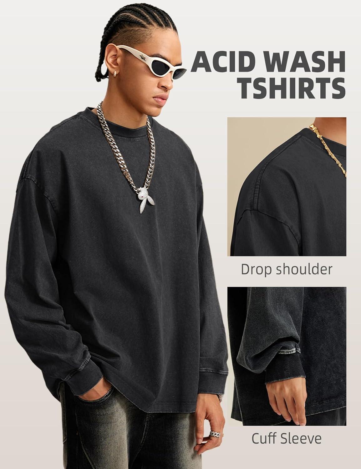 image:imageArssm Mens Oversized TShirts Cotton Long Sleeve Tshirts Vintage Acid Wash Baggy TeesBlackgreykhaki