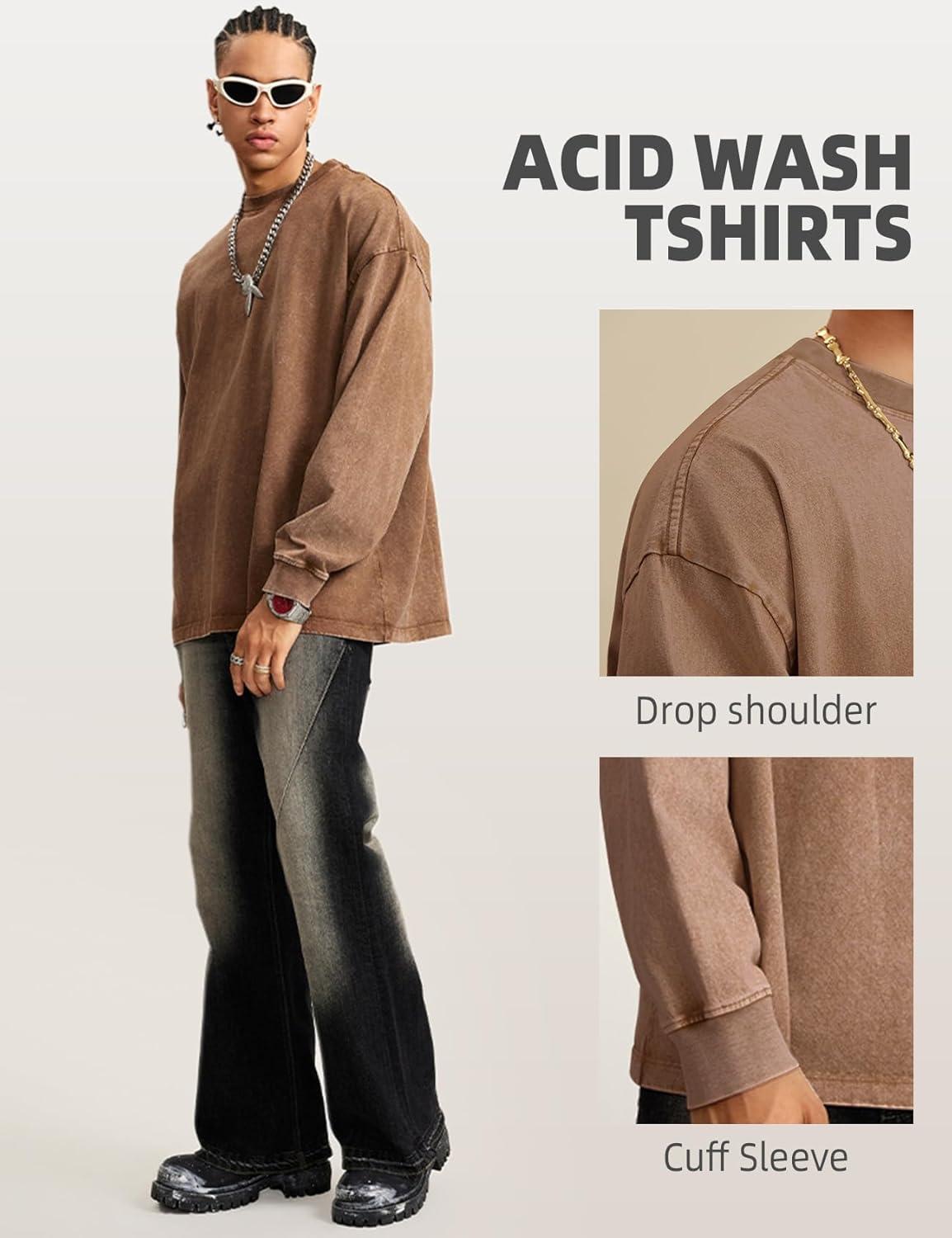 image:imageArssm Mens Oversized TShirts Cotton Long Sleeve Tshirts Vintage Acid Wash Baggy TeesBlackkhakiarmy