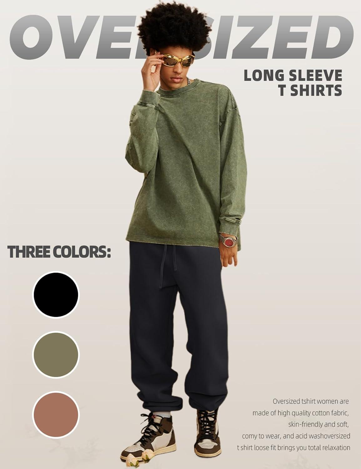 image:imageArssm Mens Oversized TShirts Cotton Long Sleeve Tshirts Vintage Acid Wash Baggy TeesBlackkhakiarmy