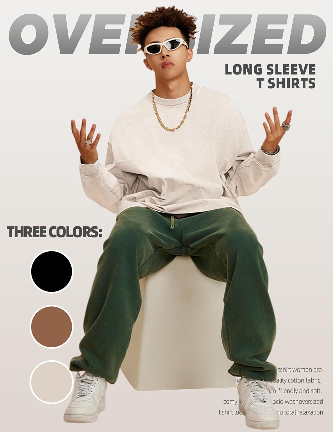 image:imageArssm Mens Oversized TShirts Cotton Long Sleeve Tshirts Vintage Acid Wash Baggy TeesBlackkhakibeige