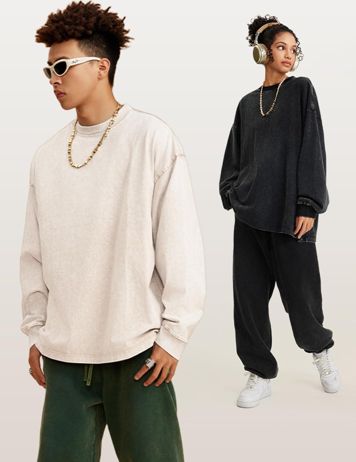 image:imageArssm Mens Oversized TShirts Cotton Long Sleeve Tshirts Vintage Acid Wash Baggy TeesBlackkhakibeige